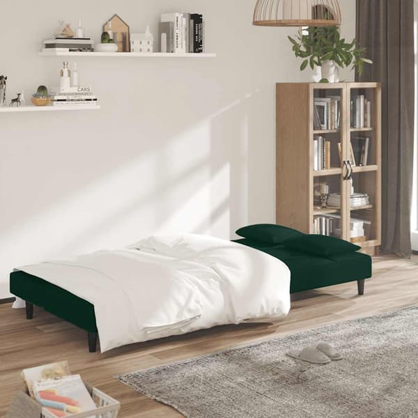 Bäddsoffa 2-sits med två kuddar mörkgrön sammet