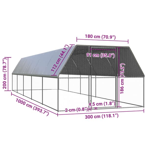 Hönsbur för utomhusbruk 3x10x2 m galvaniserat stål