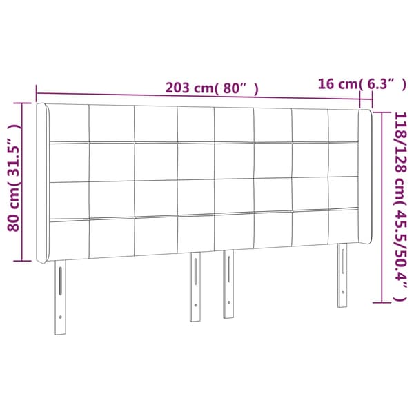 Sänggavel LED ljusgrå 203x16x118/128 cm tyg