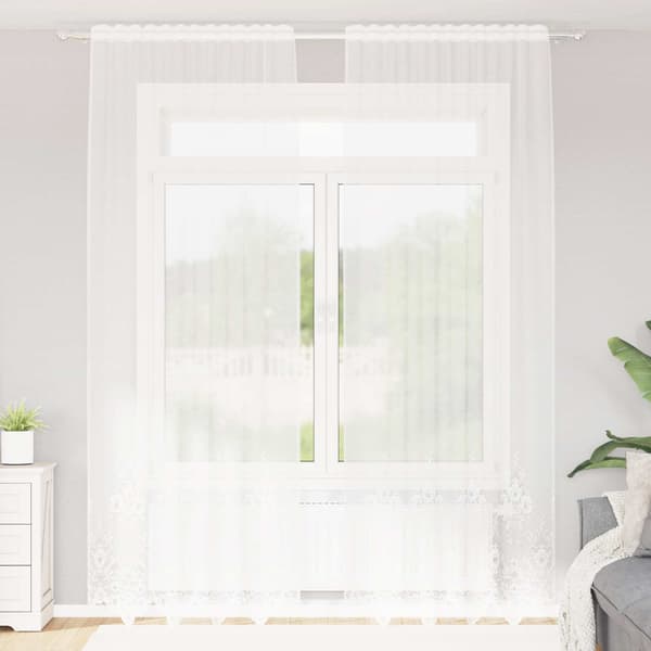 Spetsgardin med gardiner Blommor Vit 280 x 150 cm Polyester