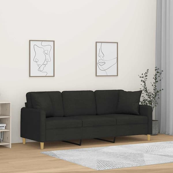 3-sitssoffa med prydnadskuddar svart 180 cm tyg