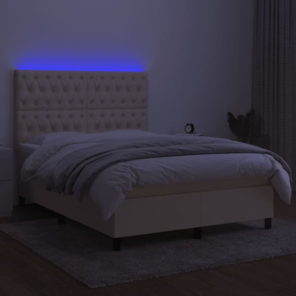 Ramsäng med madrass & LED gräddvit 140x190 cm tyg