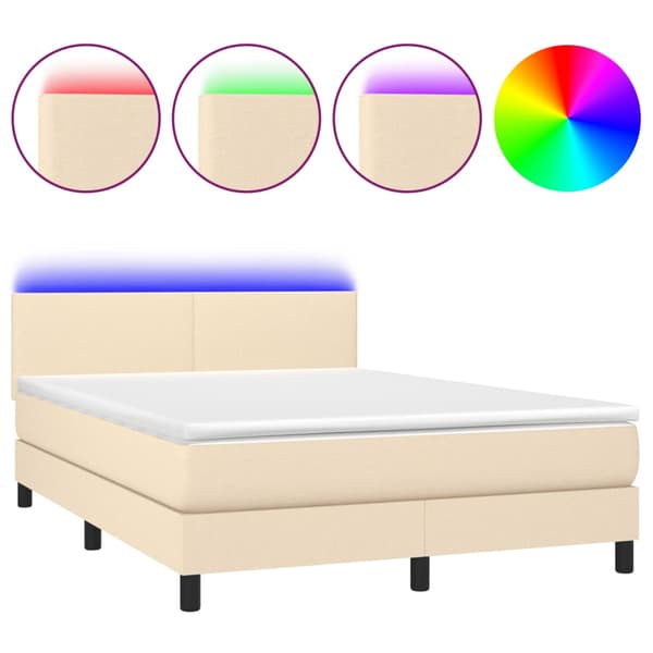 Ramsäng med madrass & LED gräddvit 140x190 cm tyg