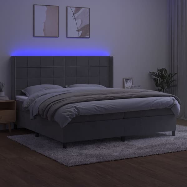 Ramsäng med madrass & LED ljusgrå 200x200 cm sammet