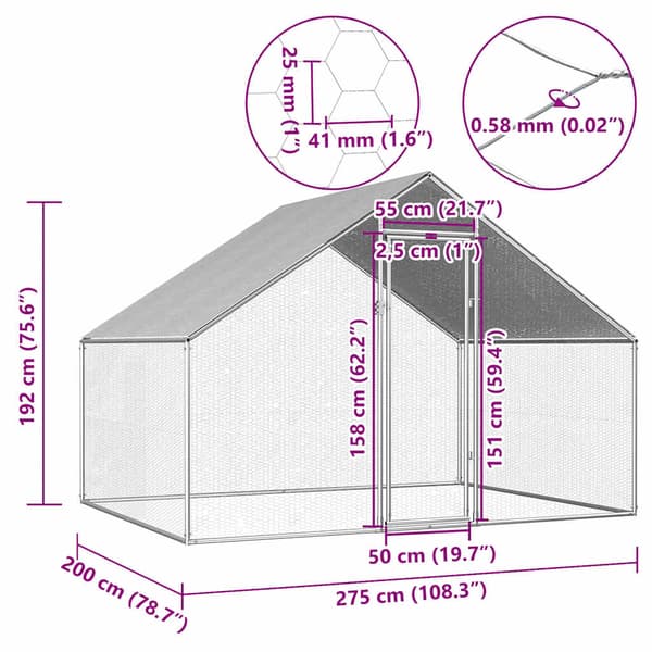 Hönsbur för utomhusbruk 2,75x2x1,92 m galvaniserat stål