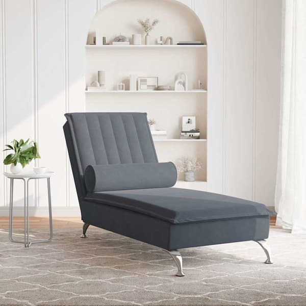 Massageschäslong med bolster mörkgrå sammet