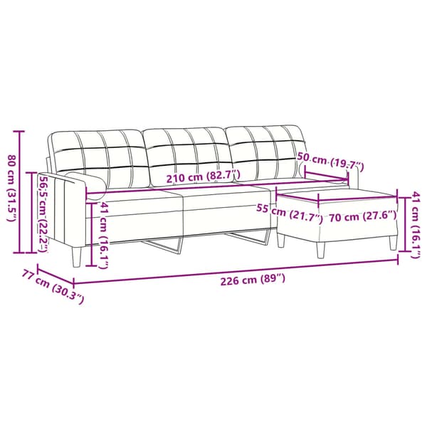3-sitssoffa med fotpall rosa 210 cm sammet