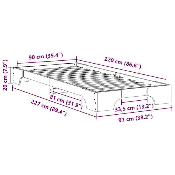 Sängram Vit 90 x 220 cm Massiv furu