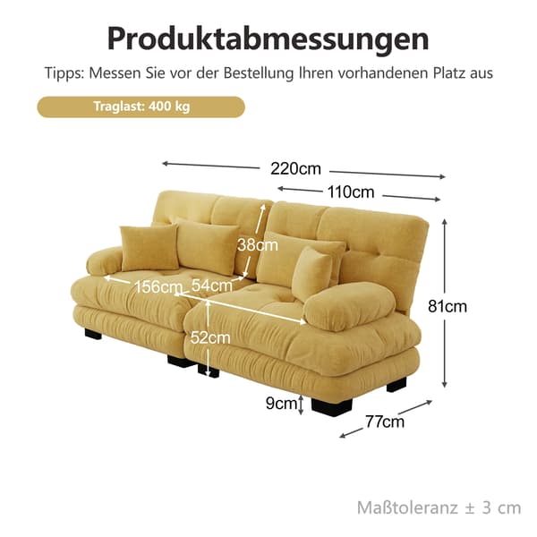 SONNENH Cloud Corner Sofa til stue, Chenille Double Sofa med 2 Lumbar Cushions og 2 Dekorative Cushions, Solid træ ramme, Gul