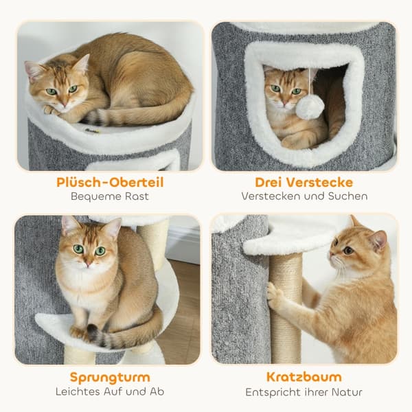 SONNENH 101 cm kattekrads, 3 niveauer, 3 sovehuler, legebolde, kradsetræ, sisal, spånplade, grå