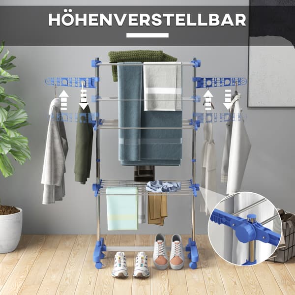 SONNENH Tørretårn med hjul, 3 niveauer, foldbare sidevinger, stålblå