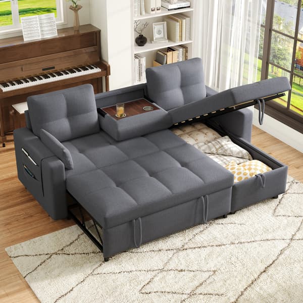 SONNENH Moderne L- Sofa, modulær sovesofa, forlænges sovesofa med sovende funktion, udstyret med opbevaring, pull- down kop holder, velegnet til stue