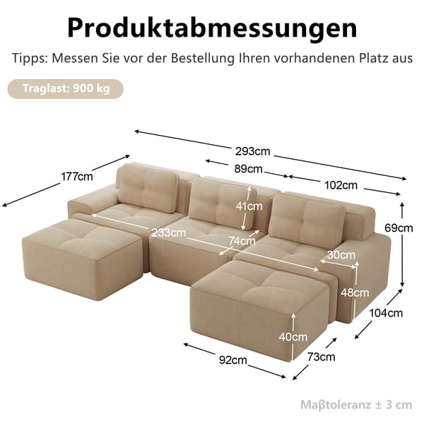 SONNENH Cloud Modular Sofa Boneless U Shaped Sofa, Modular Sofa med Ottoman, Modular Cloud Sofa, 3 Sæder Corduroy Cloud Sofa til levende værelse