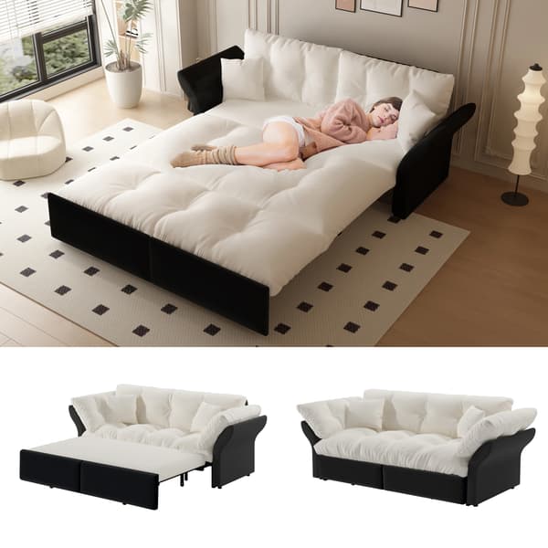 SONNENH 190 cm Queen- Size Pull- Out Sofa, 3- -1 Konvertible Sofa Bed med Tufting og 2 Soft Cushions, Multifunktionel Velour Sofa Bed, Beige / White