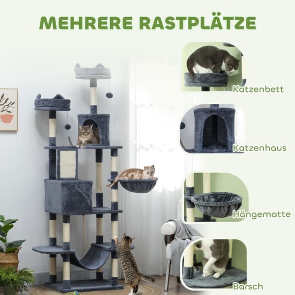 SONNENH Kradsetræ 206 cm kattekradsetårn med hule, 2 legetøjsbolde, sisalstænger, platform til store katte, mørkegrå