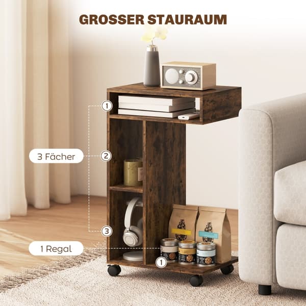 SONNENH Sidebord, C-formet serveringsvogn, 4 hjul, 3 rum, 40 x 30 x 69 cm, rustik brun