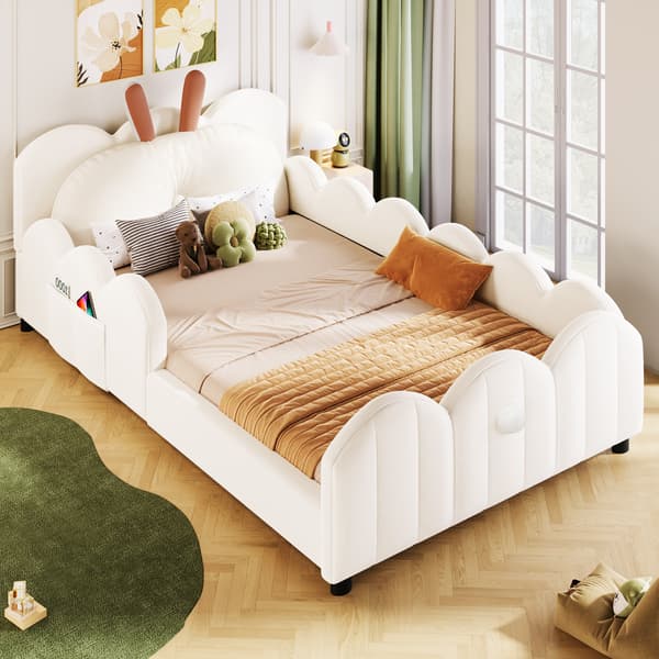SONNENH 90x200 stoppad plattformsäng med kaninformade kuddar, beige