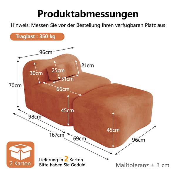 SONNENH Sofa, Velour, Orange, 96 × 167 × 70 cm