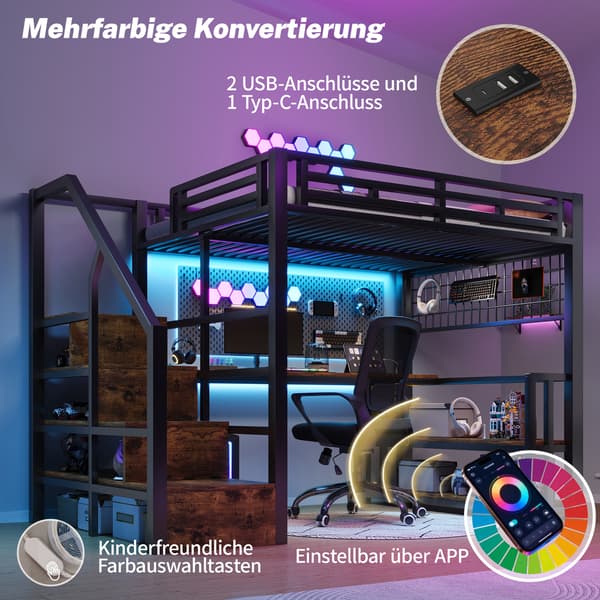 Køjeseng, 140 x 200 cm, sort, med opbevaring, med LED, med sengegavl