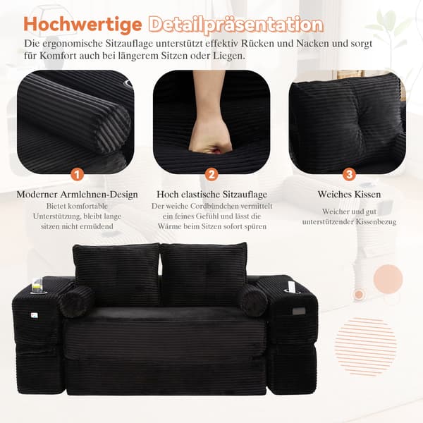 SONNENH Sofa, Fløjl, Sort, 180 × 98 × 80 cm