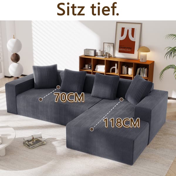 SONNENH Hjørnesofa, Fløjl, Grå, 261 × 146 × 65 cm