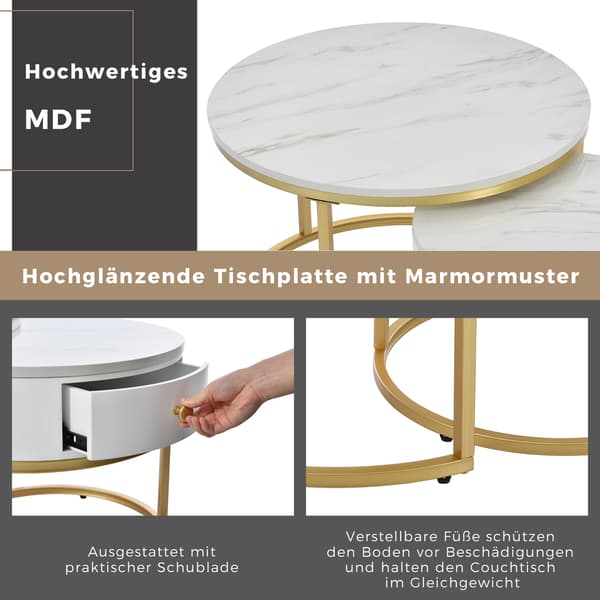 SONNENH Soffbord – set med 2, MDF, Högblank vit, 70 × 70 × 45 cm