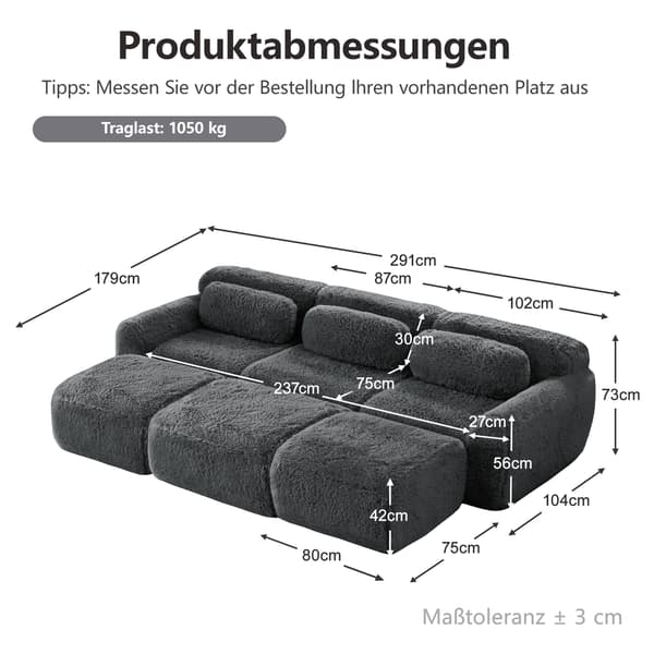 SONNENH Boneless Cloud Sofas, Soft Fluffy Plush Fabric, Modular Sofa Bed med 3 Ottomans, 3 Seater Sofas, Bekväm soffa för vardagsrum, grå