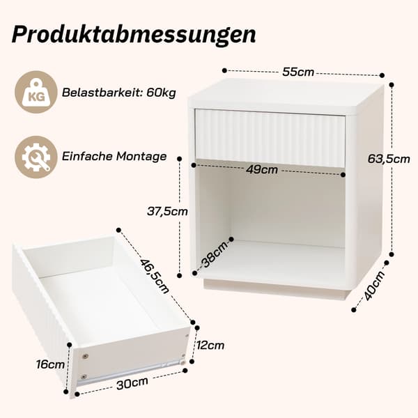 SONNENH Sengebord, MDF, Hvid, 55 × 40 × 63,5 cm