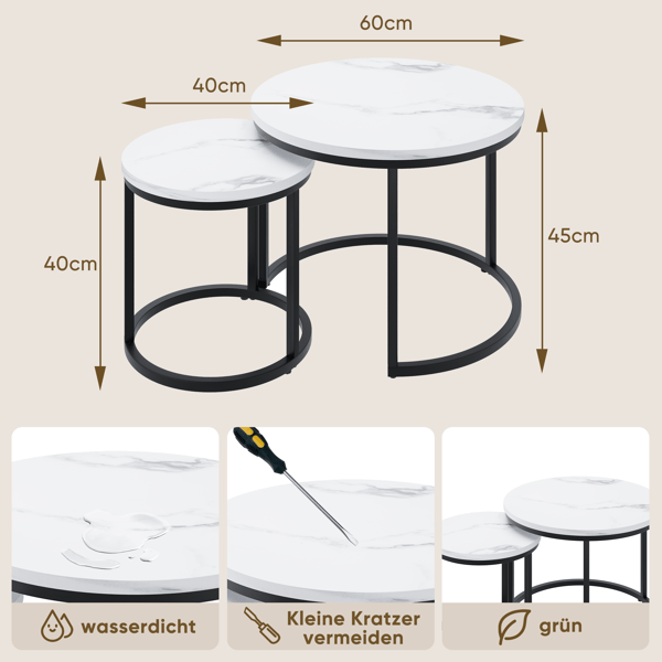 SONNENH White Nested Coffee Table 2-Piece Set, 60cm Metal Frame Round Coffee Table, Modern Coffee Table 2-Piece Set, Lämplig för vardagsrum, sovrum