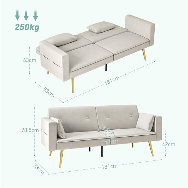 SONNENH Bäddsoffa, bäddsoffa med justerbar ryggstöd, sidoficka, stoppad 2-sits soffa med sovfunktion, kuddar, för vardagsrum, sovrum, beige