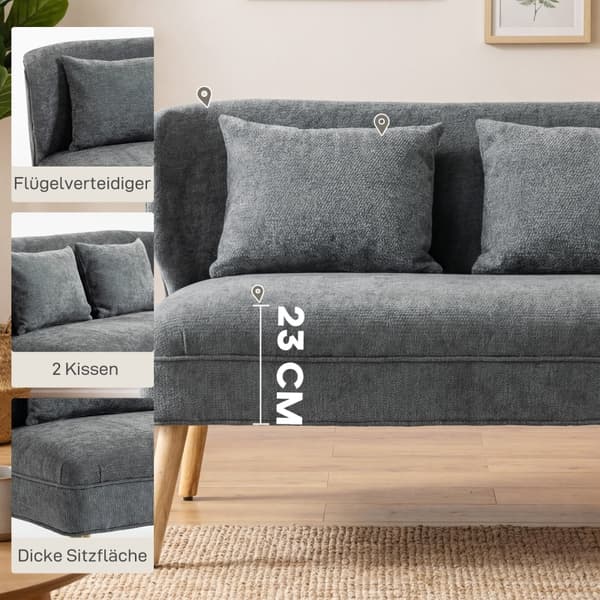 SONNENH 2 Sæder Sofa lille fløj tilbage Chenille Sofa Tyk Sæde Gummitræ Feet Gray