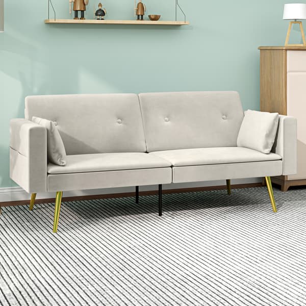 SONNENH Bäddsoffa, bäddsoffa med justerbar ryggstöd, sidoficka, stoppad 2-sits soffa med sovfunktion, kuddar, för vardagsrum, sovrum, beige