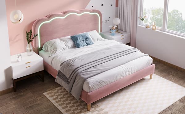 Stoppad sängram, rosa, med LED, med sänggavel