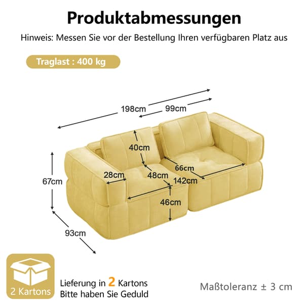 SONNENH 2-sitssoffa, Polyester, Gul, 198 × 93 × 67 cm