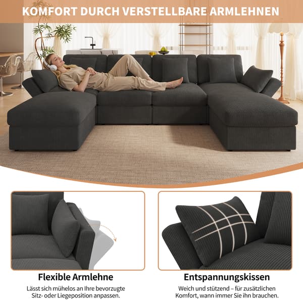 SONNENH U-formet sofa, Fløjl, Grå, 290 × 159,5 × 89 cm