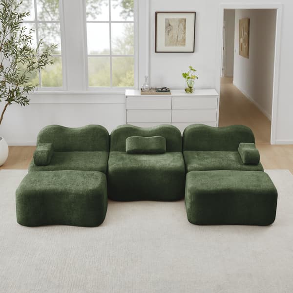 SONNENH 3 Seater U-formad Modular Boneless Sofa med 2 Ottomans, 32D High Density Foam, Wave Shape, Deep Seat, Movable Armrest Cushion