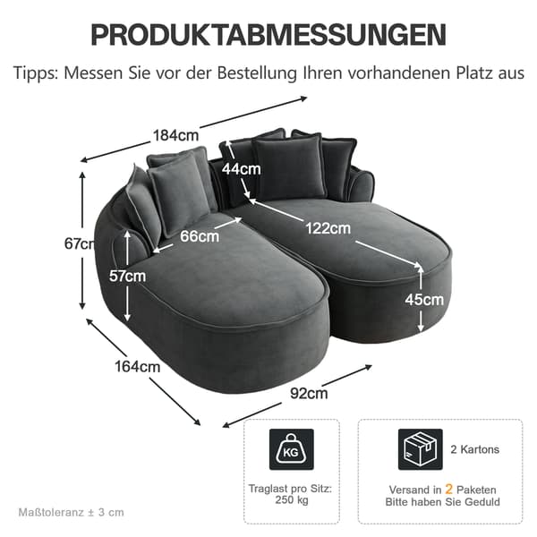 SONNENH Bekväm Chenille Cloud Double Sofa, Frameless Design, Extra Large Double Chaise Longue, Pillow Inkluderad