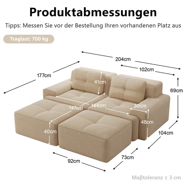 SONNENH Cloud Modular Sofa Boneless U-formad soffa, bekväm Corduroy Cloud Sofa, Modular Sofa med ottomansk, modulär tvåsitsig soffa
