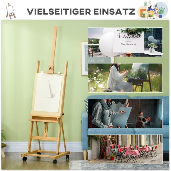 SONNENH Staffeli, kunstnerstaffeli, højdejusterbart, 4 hjul, natur + sort