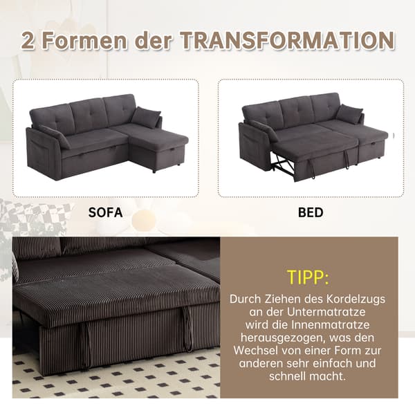 SONNENH Sovesofa, Fløjl, Mørkegrå, 206 × 108 × 66 cm