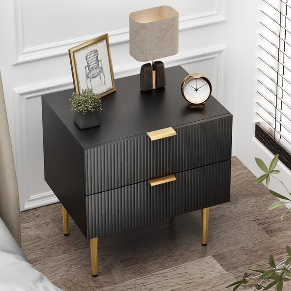 SONNENH Black Wave Pattern Bedside Table med 2 Drawers sovrumssängbord Modern sängbord med metall ben 1 bit