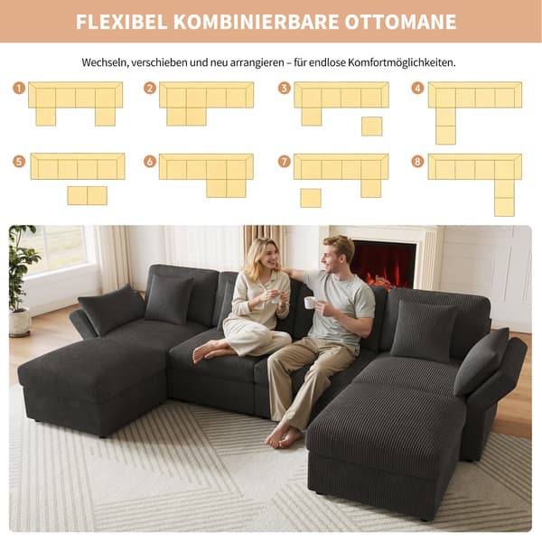 SONNENH U-formet sofa, Fløjl, Grå, 290 × 159,5 × 89 cm