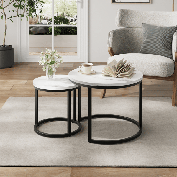 SONNENH White Nested Coffee Table 2-Piece Set, 60cm Metal Frame Round Coffee Table, Modern Coffee Table 2-Piece Set, Lämplig för vardagsrum, sovrum