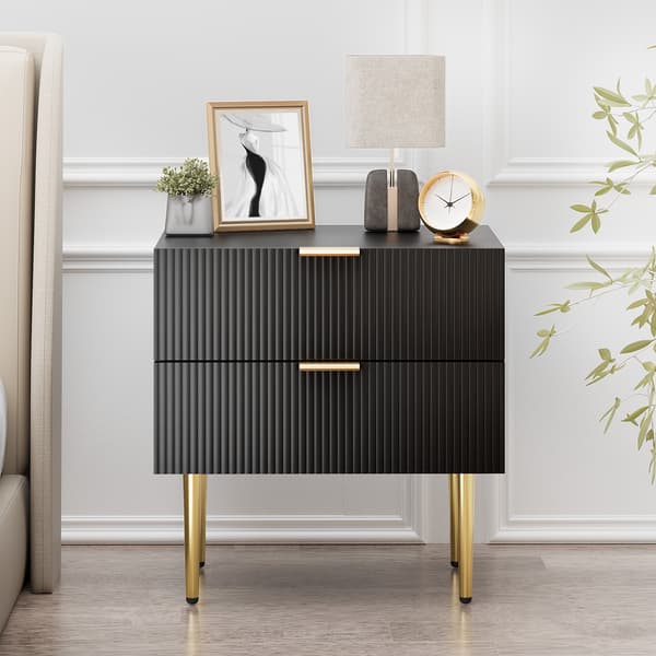 SONNENH Black Wave Pattern Bedside Table med 2 Drawers sovrumssängbord Modern sängbord med metall ben 1 bit