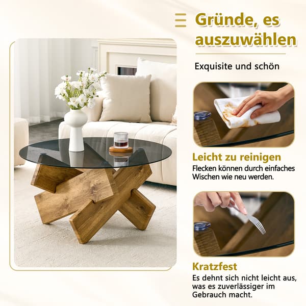 SONNENH Sofabord, MDF / Glas, Træfarvet, 79 × 79 × 45 cm