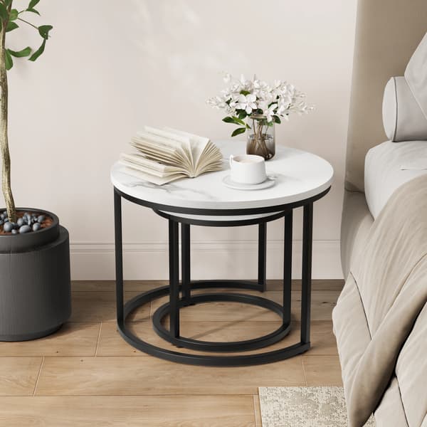 SONNENH White Nested Coffee Table 2-Piece Set, 60cm Metal Frame Round Coffee Table, Modern Coffee Table 2-Piece Set, Lämplig för vardagsrum, sovrum