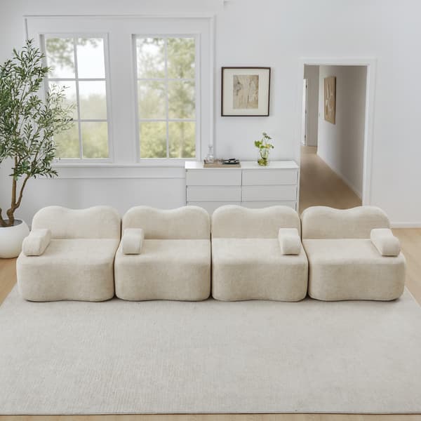 SONNENH 4 Seater Modular Boneless Sofa, Wave Shape, 32D High Density Foam, Deep Seat, Movable Armrest Cushion, idealisk för vardagsrum, Beige