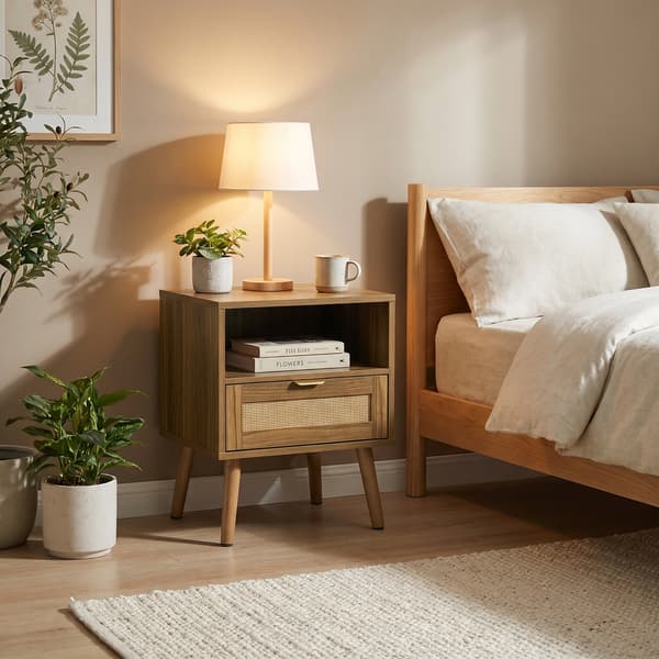 SONNENH Sengebord, MDF / Spånplade / Rattan, Valnød, 45 × 40 × 55 cm