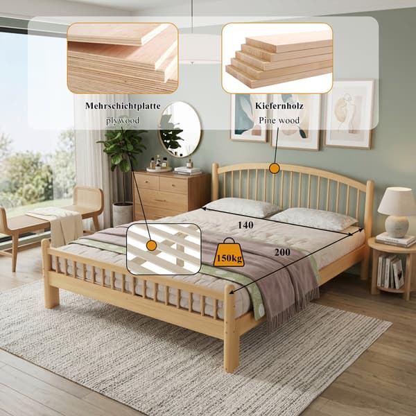 SONNENH Solid træ seng, Simple Minimalistisk Design, Classic Slatted Headboard, Sturdy Slatted Base, Universal Single Bed, Natural, 140x200cm