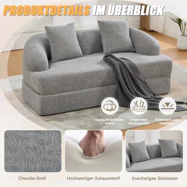 SONNENH Sovesofa, Chenille, Lysegrå, 157 × 84 × 65 cm